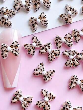 30pcs 3D Leopard Bow Nail Art Decorations - 30pcs 3D Leopard Nail Art Decorations, Create Fashionable Manicure, Nail Art Accessories, Glossy Decor, Autumn/Winter DIY Nail Art Decoration, Suitable For Women And Girls