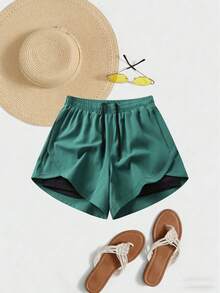 2-In-1 Women Shorts, Summer Sports Casual Running Shorts With Anti-Chafing Lining - Green - View 2