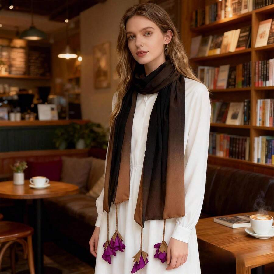 Bufandas de gasa para mujer con flores 3D, elegantes y contrastantes colores, ideales para fiestas de vacaciones. - marrón café - Ver 1