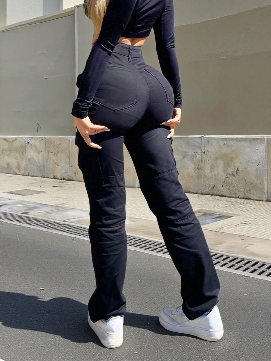 NVFelix 2026新款女士性感高腰侧翻口袋工装裤，轻盈弹力面料，多口袋设计，优雅休闲户外Y2K街头风，适合春夏穿着，黑色