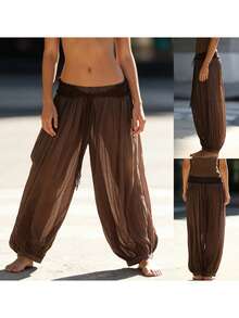 Womens Summer Lantern Pants Casual Loose Fit Stylish Solid Color Drawstring Mid Rise Trousers - 棕色 - 查看 5