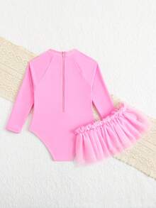 Young Girl' Cute Unicorn Cartoon Print Mesh Swimsuit Set - Pink - View 3