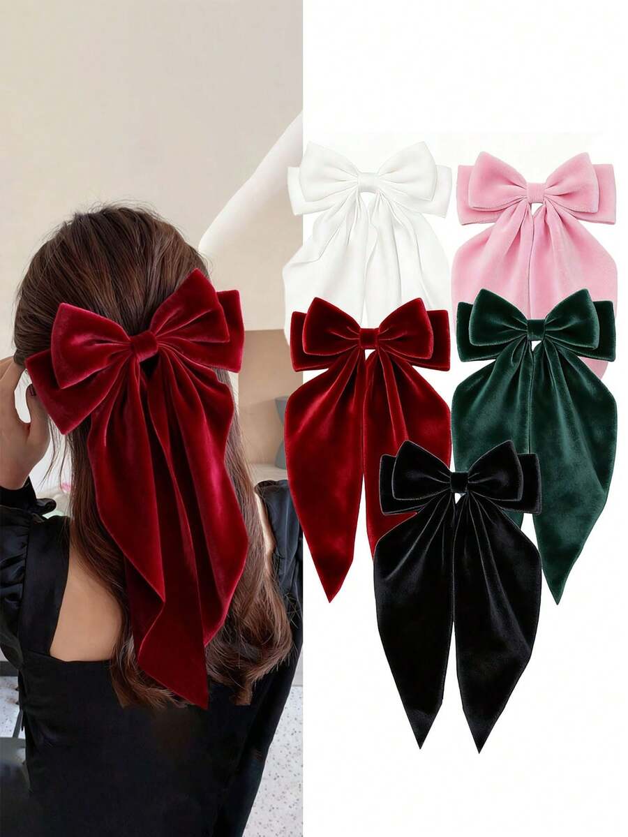5/1 Pc Big Velvet Hair Bows For Women, Large Barrette Bow Hair Clip Long Black Ribbon Bows French Style Fall Winter Ponytail Holder Hair Accessories