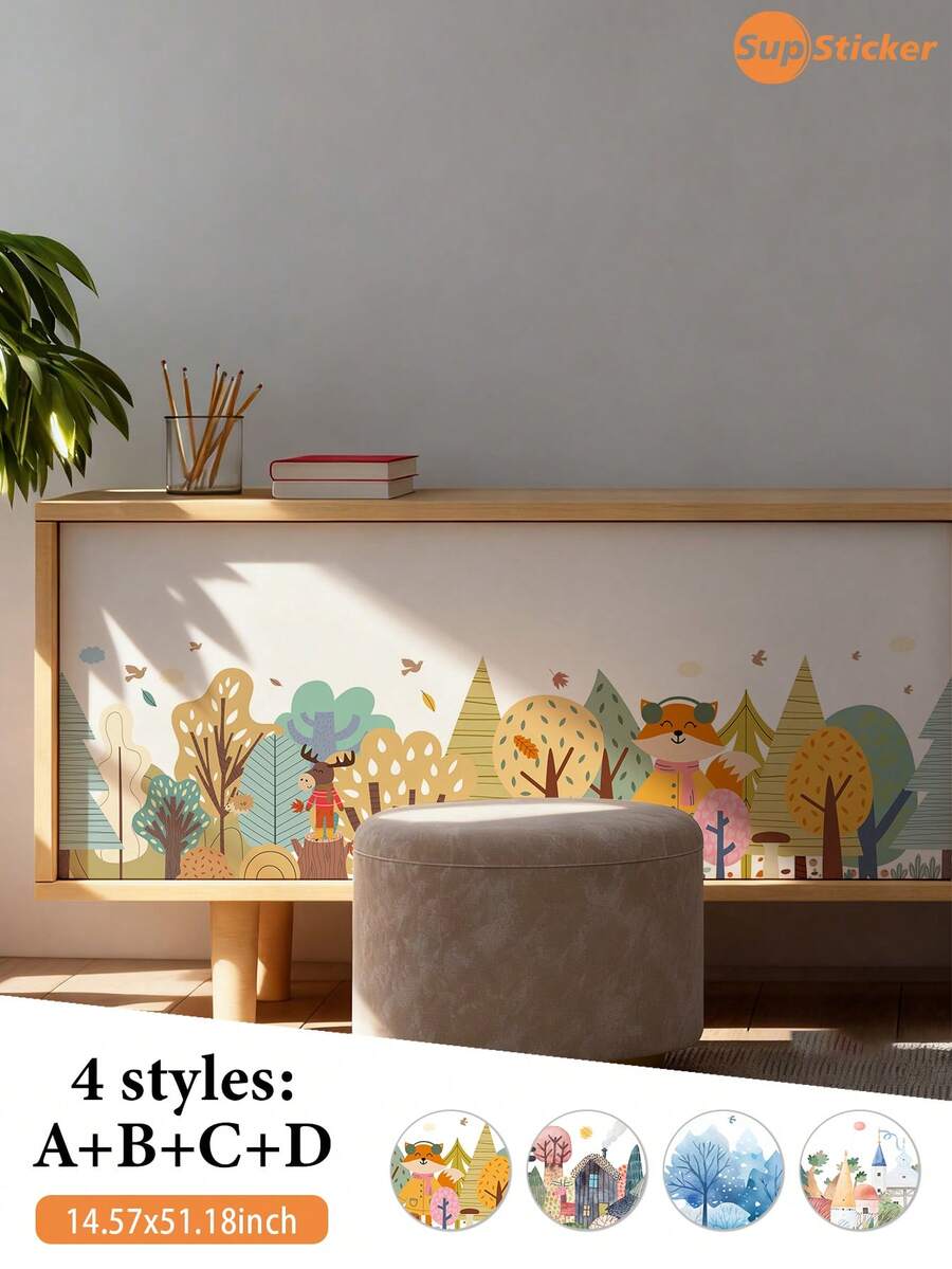 SUPSTICKER 单件尺寸：14.57 x 51.18 英寸 卡通森林动物图案家居装饰墙贴 自粘乙烯基墙贴，可移除，适用于客厅、卧室、厨房、餐厅等墙面装饰。也适用于学校和教室翻新项目，以及DIY橱柜表面装饰贴纸。 - 彩色 - 查看 1