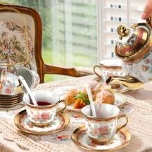 20-Piece White Porcelain Tea Set, Large 23 Oz Floral Teapot With Metal Stand For Elegant Adult Tea Service(Wedding, Bridal Shower) - 白色 - 查看 9