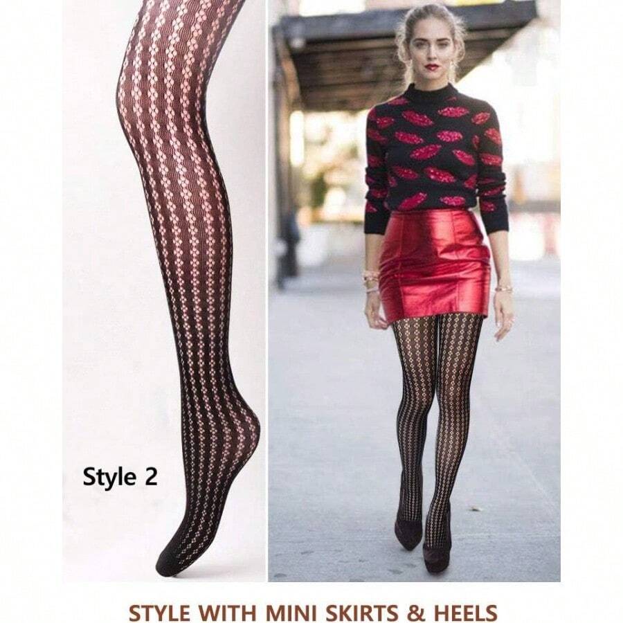 VERO MONTE Women Patterned Fishnet Tights Black Fishnets Net Stockings Pantyhose-092 - Estampado de tiras y diamantes, negro, 4 pares de 4 estilos - Ver 1