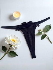 1pc Fashionable Sheer Bow Sexy Ladies Panties, Hollow Pearl Massage Open-Crotch Low-Waist G-String, Sexy Lingerie Sleepwear For Valentine's Day - Black - View 3