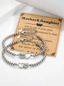 ZIRUISP 2pcs Mother Daughter Matching Bracelets - Pink Natural Stone & Stainless Steel Beads, Heart Mom & Me Charm, Long Distance Relationship Jewelry With Card, Mommy And Me Mother's Day Gift For Mom