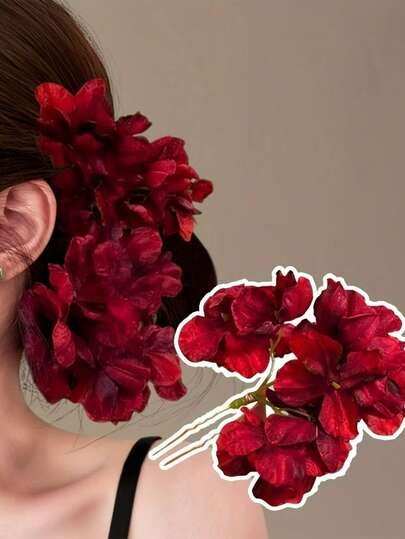 1pc Chinese Style Hair Stick - Burgundy Hibiscus Flower Hair Clip, Decorated With Red Flowers And Green Leaves, Suitable For Weddings And Daily Hairstyles, Can Be Used For Buns, Braids, Ponytails - Traditional Hair Accessory, Fits Asian Hairstyles, Retro Red Flower Hair Clip, Can Be Paired With Hanfu, Cheongsam And Bridal Floral Headpieces., Hair Styling Pins, Hair Accessories For Women, Bridesmaid Gifts