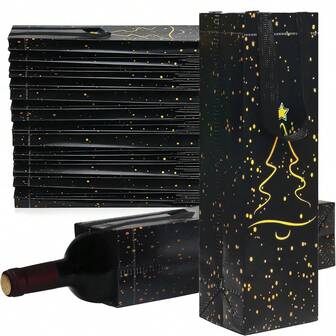 6个可重复使用的黑色葡萄酒瓶礼品袋，尺寸为13.6x3.5x3.9英寸，圣诞树图案设计，适合圣诞节、感恩节、万圣节和生日派对等场合，可批量使用。