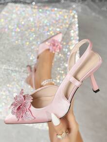 Women's Elegant Rhinestone Decorated Pointed Toe High Heels, Suitable For Spring, Summer And Autumn,Wedding Outfits - Pink - View 3