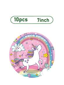 50件套独角兽生日派对用品套装 - 粉色彩虹主题纸盘和纸杯，一次性餐具，适合儿童生日装饰，是女孩独角兽主题派对、梦幻生日庆典和儿童派对礼物的完美之选，也是节日餐桌装饰的必备品，助您打造难忘的生日乐趣。