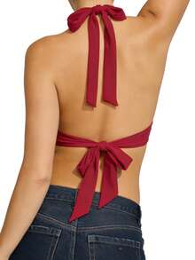 Womens Open Back Halter Tops Summer Fashionable Solid Color Split Front Going Out Vest - Red - View 4
