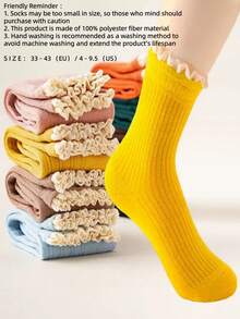 1/5/10 Pairs Women Socks, Random Assorted Solid Color Vertical Stripe Lace Mid-Calf Socks, Versatile Japanese Style, Autumn/Winter