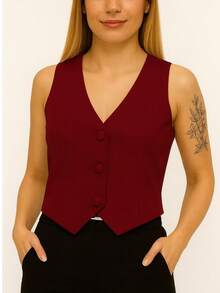 Short Faux Leather Dress Vest With Buttons, V-Neck, Sleeveless. - 皮革酒紅色 - 查看 2