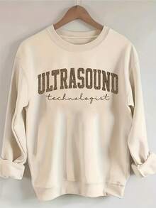 Women'S Ultrasound Technologist Text Hoodie - Soft Round-Neck Pullover Sweatshirt With Slogan Print, All-Season Comfort, Casual Workwear For Sonography Professionals, Long Sleeve Round-Neck Design, Ideal Gift For Ultrasound Techs, Hospital Attiregifts For Mom-Free Shipping - 杏色 - 查看 4