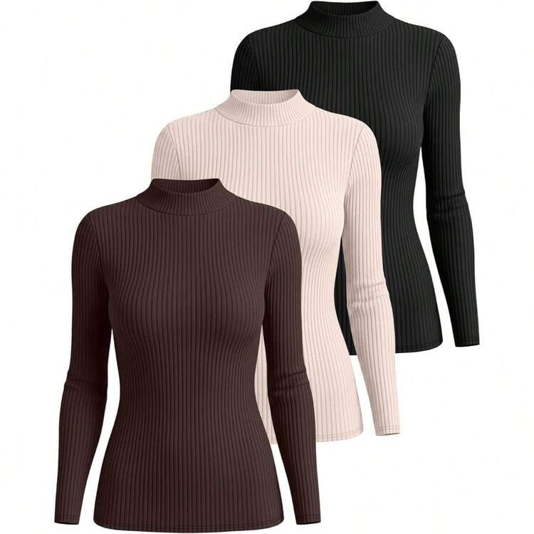 - Paquete de 3 camisetas trmicas de punto de manga larga para mujer, cuello alto ajustado y acanalado 2024 - G + black, albaricoque, café - Añade 2