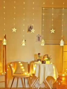 1 pieza Cortina de 2m72 con 72 luces LED en forma de estrella, luces de hadas con forma de botella de queroseno con pilas AA, luces intermitentes, adecuado para decoración de bodas, fiestas de cumpleaños, decoración navideña, decoración de jardín, pasillos y aleros de árboles - Botella de queroseno + estrellas - Ver 7
