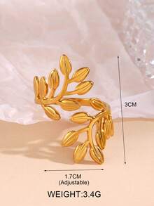 1pc Stainless Steel Minimalist 18K Gold Plated Leaf Open Ring, Suitable For Women's Daily Wear - Multicolor - View 5