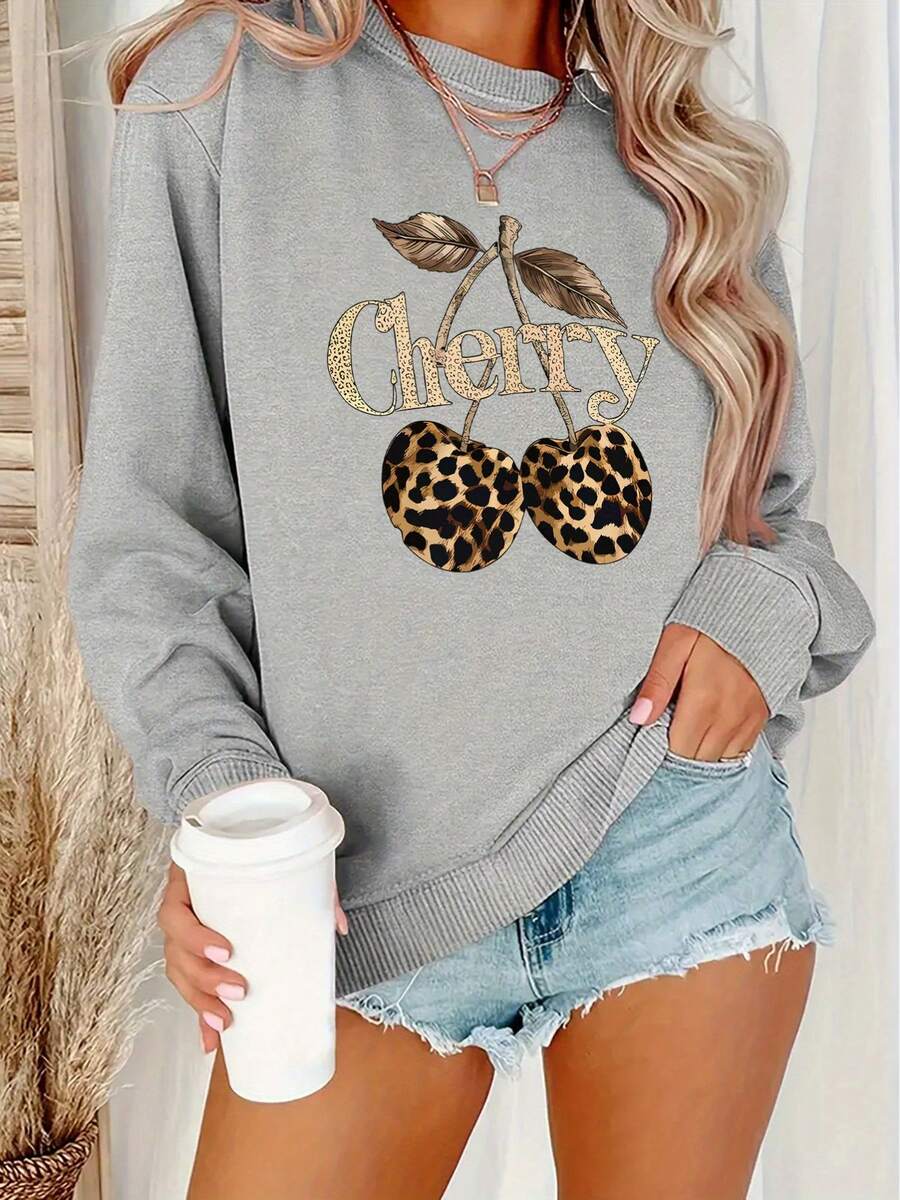 2026 New Year Cotton Sweatshirt Leopard Print Cherry Pattern Printed Sweatshirt, Women's Casual Long Sleeve Round Neck Autumn Winter Sweatshirt, Machine Washable Polyester, Plus Size Women's Clothing, Women's Sportswear Cheerleading Uniform Loose And Comfortable Winter Clothes For Women - 淺灰色 - 查看 1