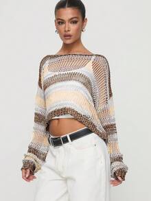 女士轻薄条纹镂空透视短款套头衫，春秋季 - 黃色 - 查看 4