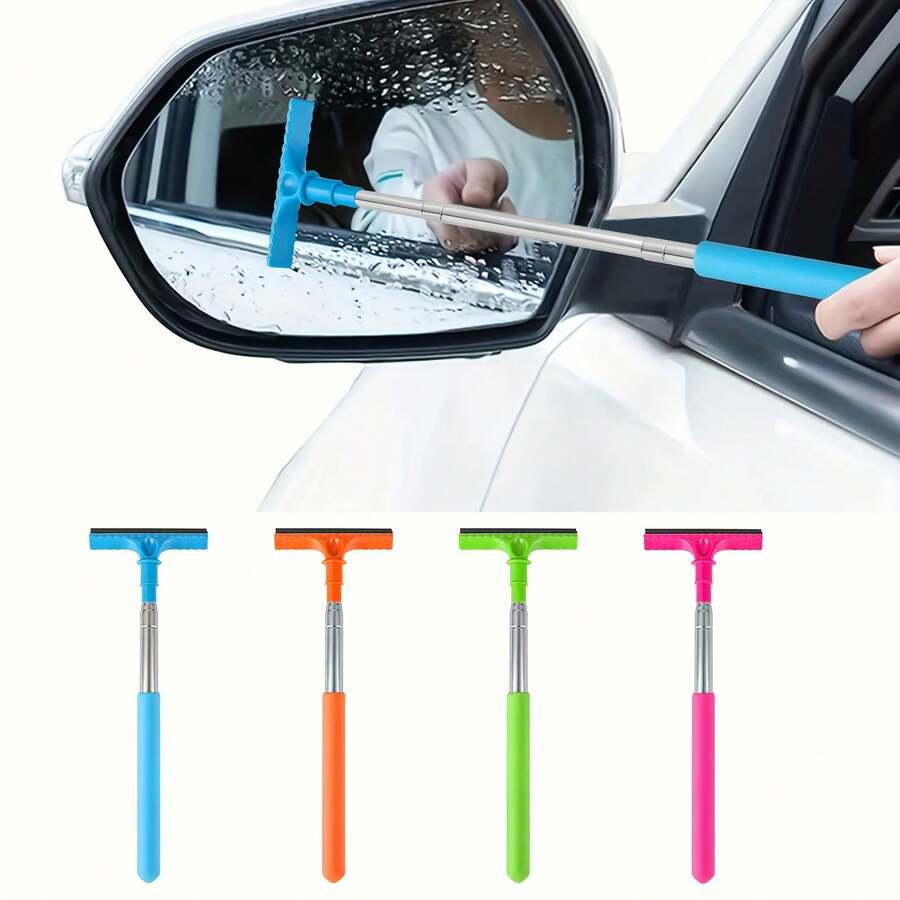 1 Portable Rearview Mirror Water Wiper With Sponge Cleaning Brush And Retractable Window Cleaning Brush - 粉紅色 - 查看 1