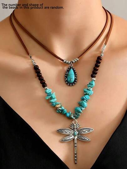 2 piezas Collar con colgante de estilo bohemio con cuentas de turquesa, collar con colgante de libélula, apilable, accesorio de estilo post-apocalíptico, adecuado para uso diario de mujeres o como regalo para familiares y amigos.