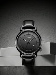 TOMI 1pc Teen Boys & Girls Minimalist Design Quartz Watch With Leather Strap, Calendar Display, Versatile Watch Suitable For Daily Life, Gift For Christmas And Year-End - Black - View 7