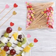 100pcs Gold & Pink Heart Shaped Bamboo Skewers, 12cm/4.72in - For Valentine's Day, Wedding, Anniversary, Party Food Decoration - High Quality Kitchen & Dining Bamboo Utensils - Multicolor - View 7