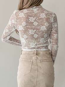 Sheer Floral Lace Mesh Turtleneck Long Sleeve Top - White - View 4