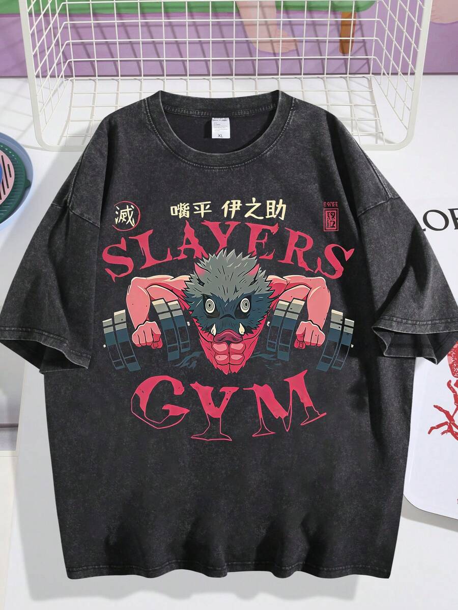 Washed T-Shirt Unisex | Retro Anime Character Graphic | Gym Print Short Sleeve - 黑色01 - 查看 1