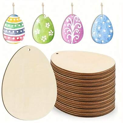 10/20pcs DIY Wooden Hollow Egg Pendant Crafts, Easter Hanging Decor For Home Gathering, Painting Gift, Includes 20 Patterns And 20 Strings