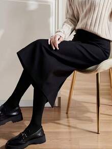 优雅女士黑色 A 字中长连衣裙，腰部饰有独特的蝴蝶结，采用无弹力面料，打造修身廓形。 - 黑色 - 查看 5