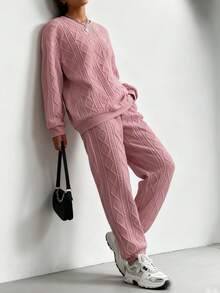New Autumn And Winter Solid Color Woven Casual Loose Women's Sweater Suit, Women's Casual Polyester Fiber Round Neck Long Sleeve Sweater Pants Suit, Solid Color Fabric, All Season Casual Wear,Cable Knit Two-Piece Set: Hoodie & Joggers, Retro Texture For Cozy Daily Wear,Relaxed Cable Knit Outfit: Soft Fabric, Matching Design, Versatile For Casual/Chill - 粉色 - 查看 3