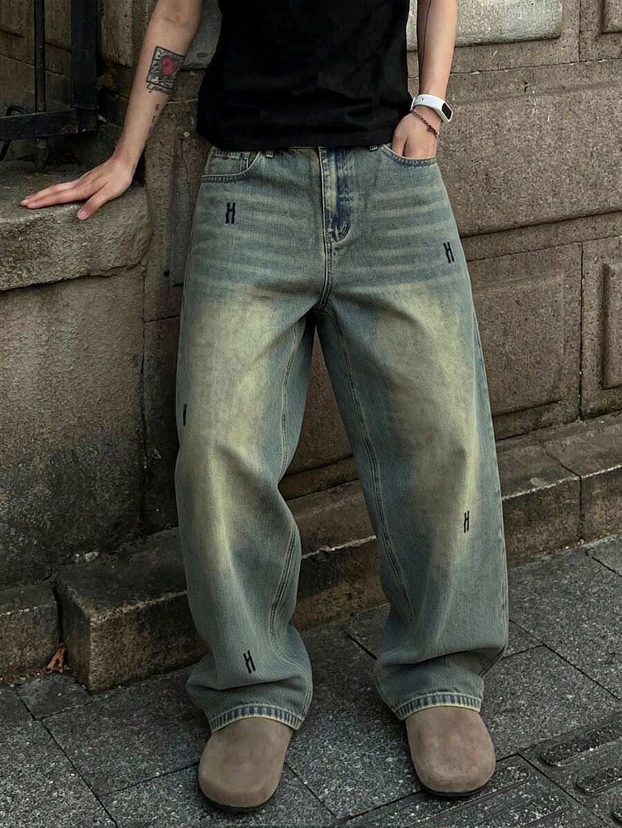 Quần jeans ống rộng dáng suông màu vàng mù tạt cổ điển, phong cách đường phố Mỹ, thêu họa tiết, thích hợp cho mọi mùa. - Màu Mù tạt vàng - Xem 1