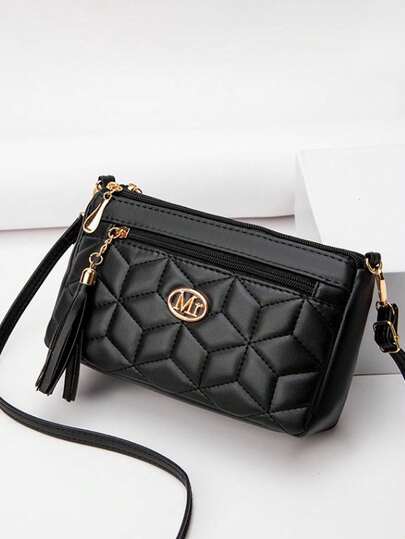 1 pieza Bolso de hombro con cremallera en forma de rombo para niñas de moda, bolso cruzado casual a cuadros con flecos, bolso de cámara con correa ajustable, bolso de compras de gran capacidad y multifuncional con varios compartimentos, puede contener teléfono, billetera, llaves, pañuelos, cosméticos, gafas de sol, cuidado de la piel, lápiz labial, etc.