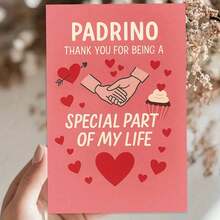 一张温馨感谢卡，含信封（11厘米 x 16厘米，4.33英寸 x 6.29英寸）——“教父，感谢您成为我生命中特别的一部分”，柔和的红色背景，配以握手、爱心和纸杯蛋糕图案，完美表达对教父的感激之情，情感贺卡 | 家庭贺卡 | 纸质贺卡