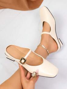 Classic Retro Solid Color Buckle PU Leather Slip-On Shoes, Suitable For Beach, Wedding, Party, Office, Indoor & Outdoor, Spring/Summer - Beige - View 2