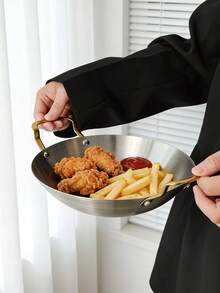 1pc Minimalist Korean Style Stainless Steel Dual-Ear Round Tray, Large Capacity Salad, Western Dish, Fried Chicken, Fries, Burger, Dumpling, Snack, Cake, Bread Serving Plate