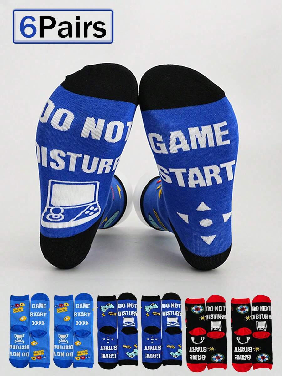 3/6 Pairs New "Do Not Disturb Game Start" Casual Sports Creative Socks With Text Print On Sole, Mid-Calf Length - Multicolor - View 1