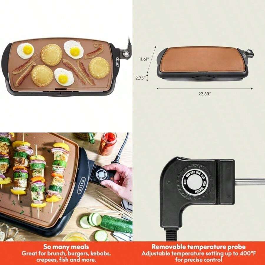 BELLA - Plancha de cerámica de cobre TI, revestimiento antiadherente Healthy- para limpieza sin complicaciones, gran superficie de cocción sumergible, 10 x 16 pulgadas, cobre/negro(Cobre 10 x 20") - Multicolor - Ver 1