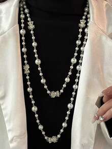 1pc Fashionable Delicate Faux Pearl Beaded Hollow Bear Beaded Necklace, Elegant Sweet Baroque Style Metal Rhinestone Faux Pearl White Long Necklace, Suitable For Women's Daily Wear, Party, Date, Anniversary, Commemorative Gift, Valentine's Day Gift, Jewelry Gift