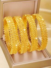 4件套奢华阿拉伯镂空镀金手链，21K镀金，沙特女士魅力手链，迪拜新娘婚礼派对首饰，送给她的礼物 - 金色06 - 查看 9