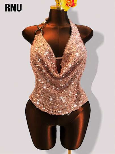 RNU Plus Size Women's Elegant Sequin Shiny Yarn Fabric Metal Decor Ring Neck Backless Design Loose Fit Camisole Top, Versatile For Party, Night Out, New Year, Valentine's Day, Music Festival, Vacation, Fashion Item, Casual Neck Strap Crop Top, Shiny Blouse, Pink Top, Holiday Outfit, Spring/Summer Wear, 2026 Carnival Costume, Beach Outfit, Women's Holiday Attire, Beach, Women's Holiday Ensemble