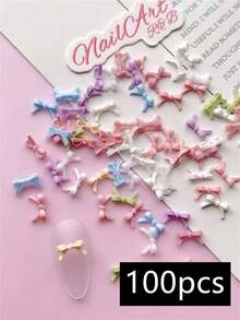 30/100个马卡龙色3D蝴蝶结美甲装饰，S/M/L码，白色、绿色、粉色、紫色、蓝色、黄色、米色，随机混色，适用于各种美甲款式，可爱风格，春夏DIY配件，哑光/亮面美甲，长/短指甲，杏仁形、芭蕾舞形、法式美甲 - 彩色 - 查看 8