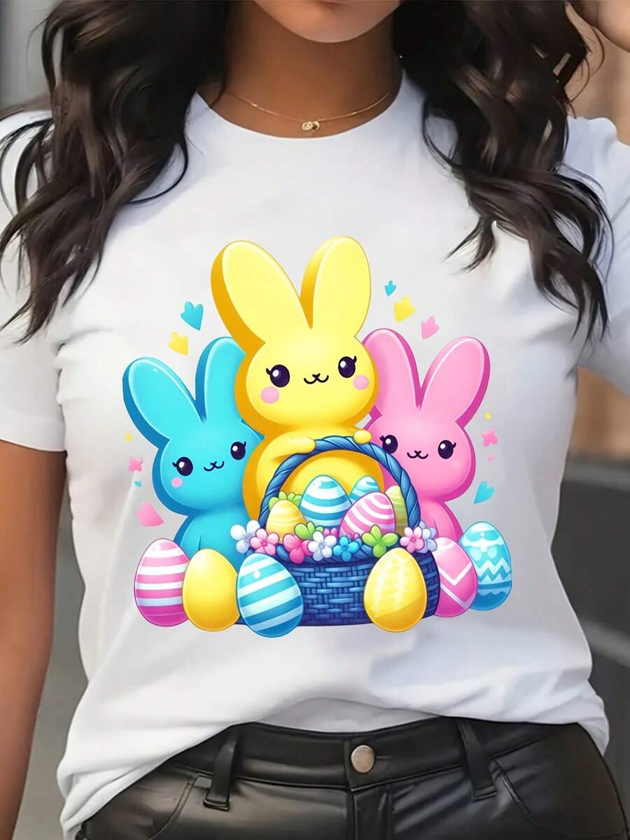 Cute Easter Bunny T-Shirt Colorful Bunnies And Eggs Print For Spring Festival Party,Women's T-Shirts, Women's Easter T-Shirts, Made Of Low-Elasticity Pure Cotton Fabric, Comfortable To Wear, Suitable For Spring, Summer, Autumn And Winter, And The Best Choice For Gifts (S-4XL). - 白色 - 查看 1