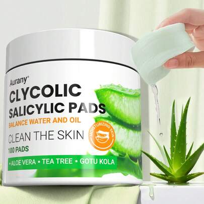 AURANY 果酸水杨酸棉片，AHA/BHA去角质棉片，果酸水杨酸爽肤棉片，控油收缩毛孔，20%果酸/2%水杨酸去角质棉片，去除死皮，提亮暗沉肤色，适合油性痘痘肌，日常护肤好礼，100片装