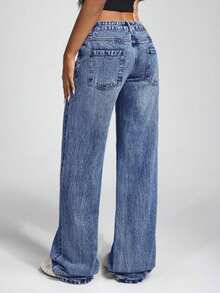 Quần jeans ống rộng có túi, dáng suông, đa năng, đơn giản dành cho nữ tuổi teen. - Rửa trung bình - Xem 2