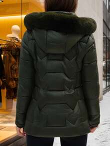 Áo khoác nữ xếp ly có mũ lông giả ấm áp với khóa kéo, thích hợp cho mùa đông. - xanh quân đội - Xem 3