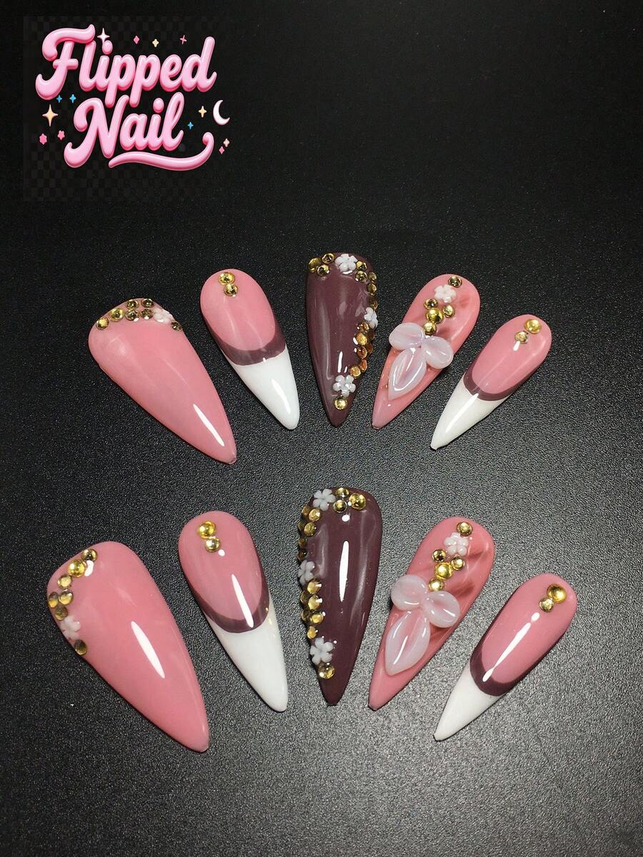 Each Set Consists Of 10 Pieces Of Handmade Y2K Fine High-Heeled Acrylic Nail Plates, Designed In French Style With Rhinestones And Petal Decorations, Available In Multiple Tones And Nude Colors. 3 Sizes To Fit, Suitable For Christmas, Parties, Dances, And Daily Wear. Comes With A Nail Kit, Making It An Ideal Press On Nails Gift For Ladies And Girls. - Multicolor - View 1